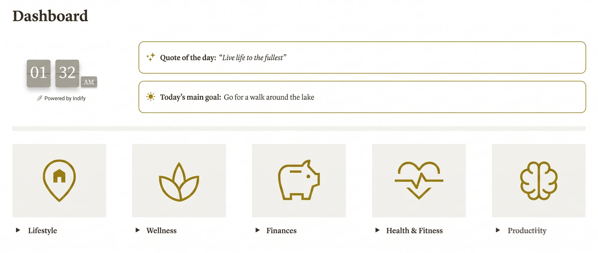 Areas of life: connected dashboard tiles for five areas in Notion Life OS, shown with sample data