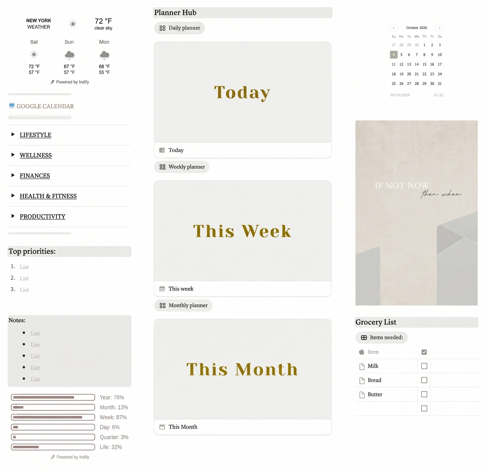 Planner Hub in Notion Life OS, showing daily, weekly and monthly planning pages with sample data
