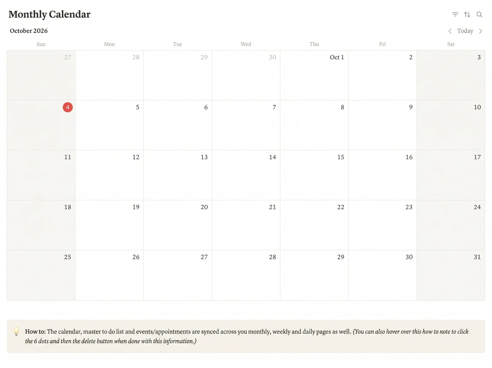 A Worked Example: monthly calendar in Notion Life OS synced with the to-do list and events